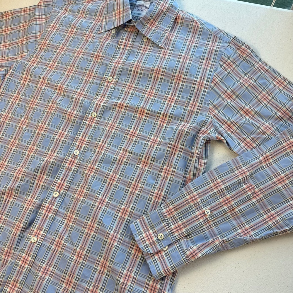 Brooks Brothers Mens S Blue Orange Plaid Cotton Long Sleeve Button Down Shirt